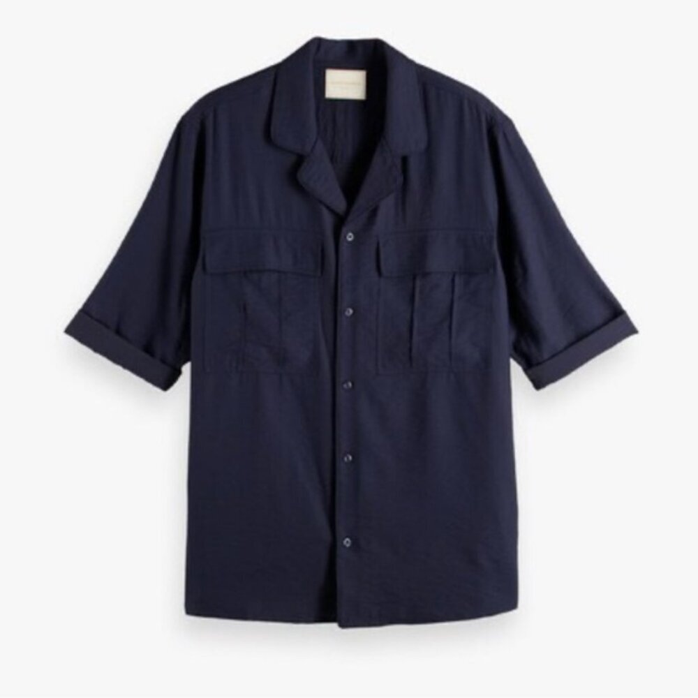 SCOTCH & SODA Men’s 3/4 Sleeve Button up Shirt Navy Viscose Blend Size SMALL‎